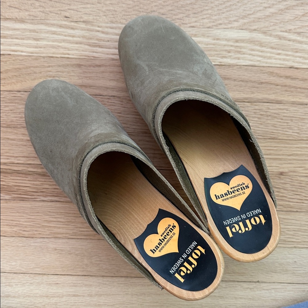 Swedish Hasbeens Taupe Suede Mules